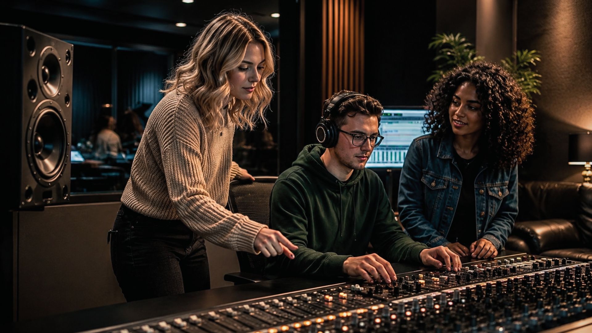 Producer and artists mixing a track at a studio console
