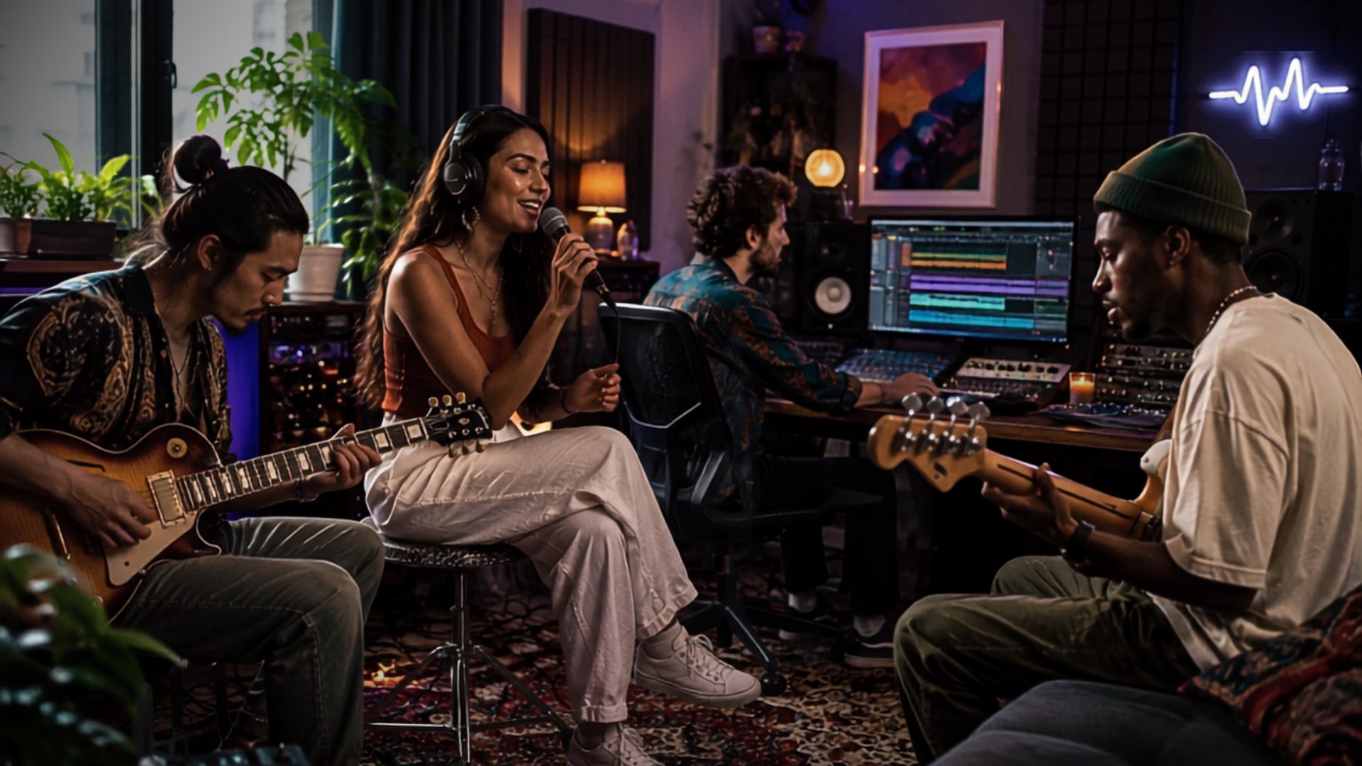 Band recording together in a warm-lit studio live room