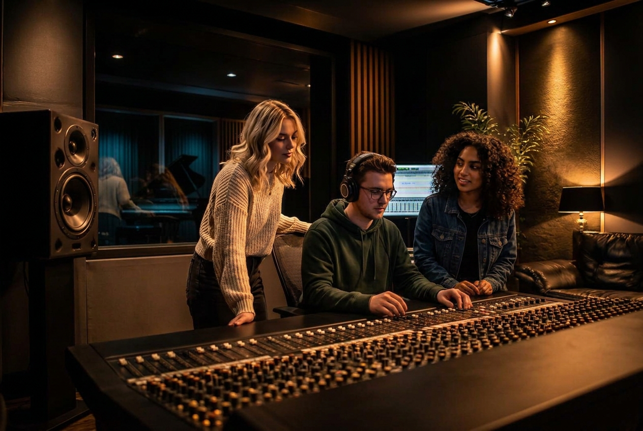 Recording studio control room lit in warm gold light